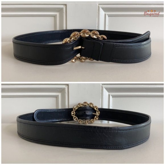 Authentic Gucci Black Monogram Canvas Leather Gold Chain Buckle Belt Size 85/34 - Picture 6 of 13